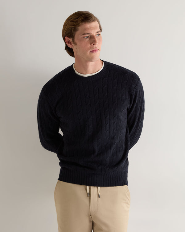 Men's Thames Cable Round Neck Cashmere Jumper Navy Blue