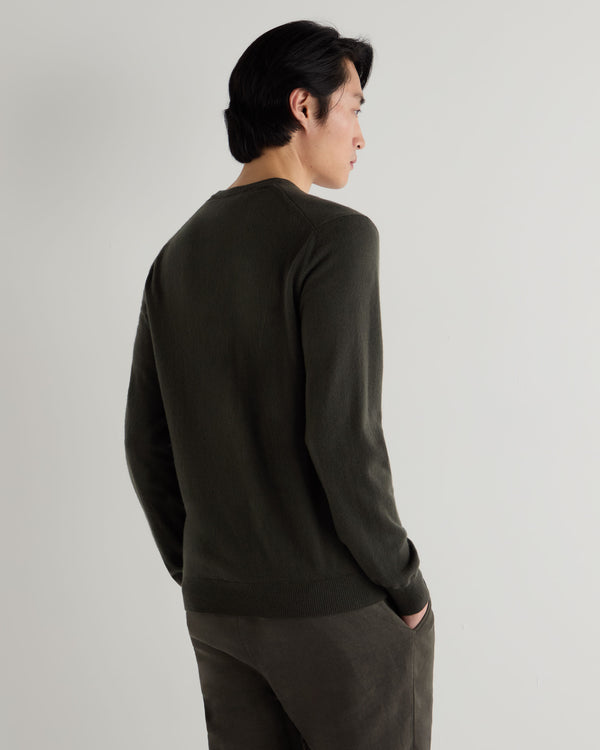 N.Peal Men's Burlington V Neck Cashmere Jumper Arabica Khaki Green