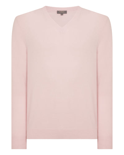 N.Peal Men's Burlington V Neck Cashmere Jumper Blossom Pink