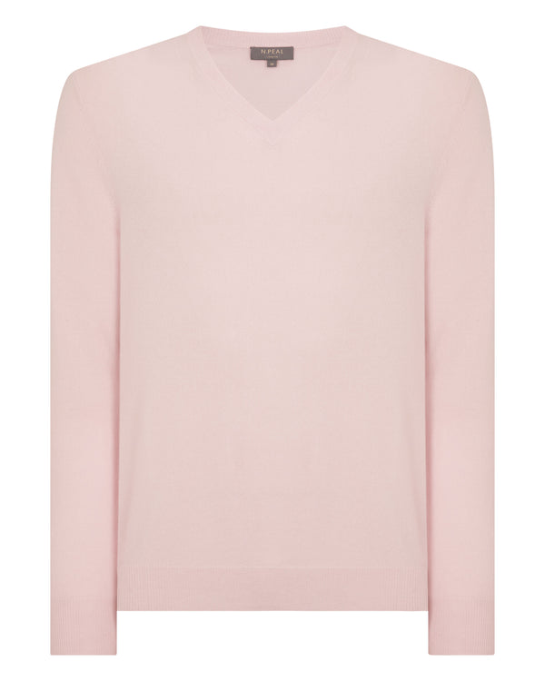 N.Peal Men's Burlington V Neck Cashmere Jumper Blossom Pink