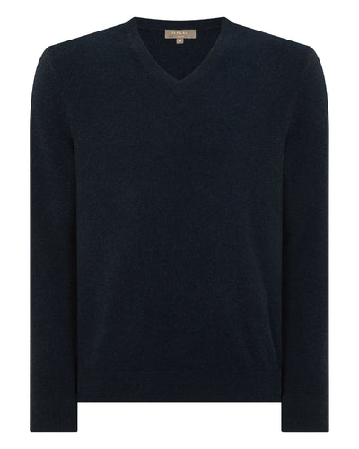 N.Peal Men's Burlington V Neck Cashmere Jumper Indigo Blue