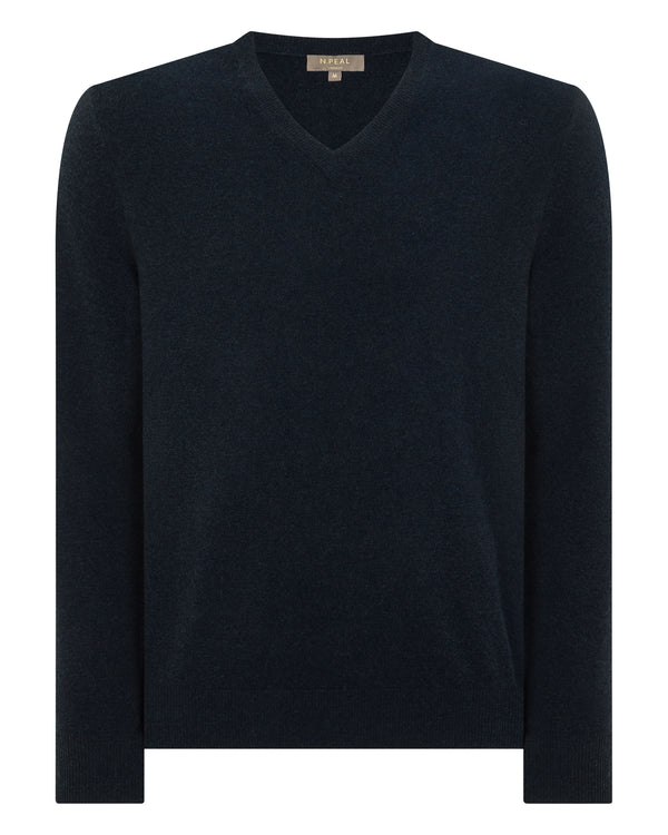 N.Peal Men's Burlington V Neck Cashmere Jumper Indigo Blue