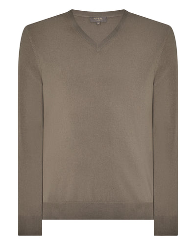 N.Peal Men's Burlington V Neck Cashmere Jumper Vintage Khaki Green