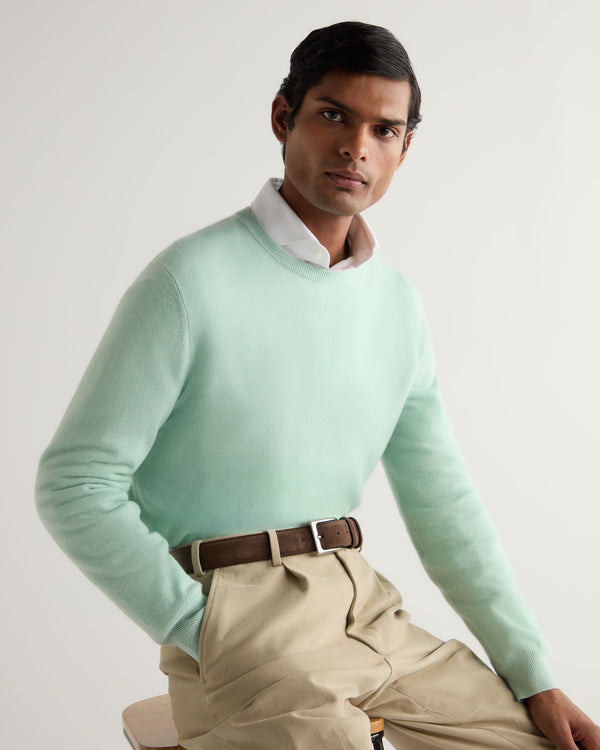 N.Peal Men's Oxford Round Neck Cashmere Jumper Dusty Teal Green