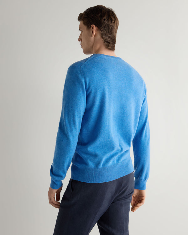 N.Peal Men's Oxford Round Neck Cashmere Jumper Provence Blue