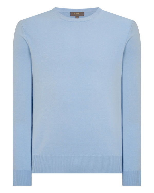 N.Peal Men's Oxford Round Neck Cashmere Jumper Sea Mist Blue