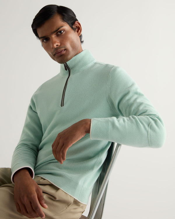 N.Peal Men's Carnaby Half Zip Cashmere Jumper Dusty Teal Green