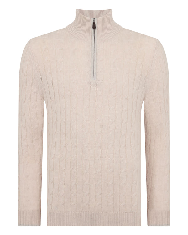 N.Peal Men's Albemarle Cable Half Zip Cashmere Jumper Ecru White