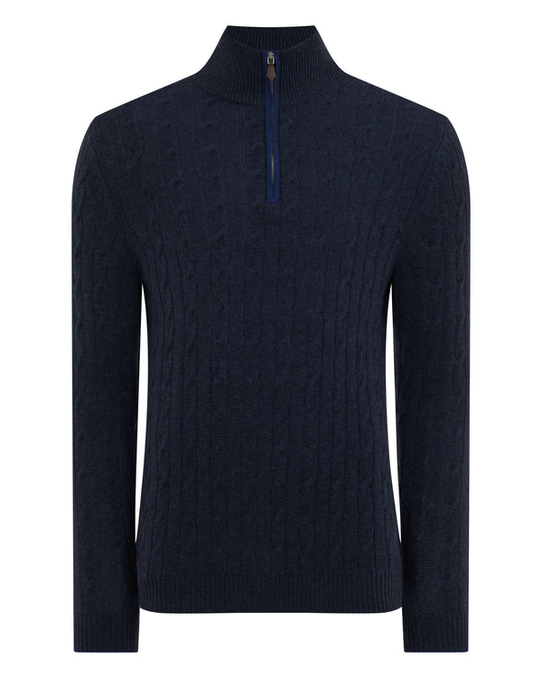 N.Peal Men's Albemarle Cable Half Zip Cashmere Jumper Indigo Blue