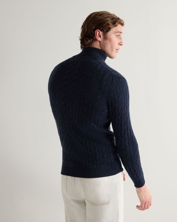 N.Peal Men's Albemarle Cable Half Zip Cashmere Jumper Indigo Blue