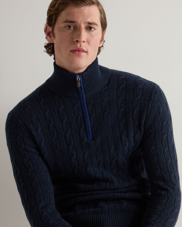 N.Peal Men's Albemarle Cable Half Zip Cashmere Jumper Indigo Blue