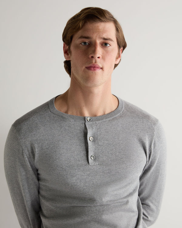 N.Peal 007 Round Neck Cotton Cashmere Henley Light Grey