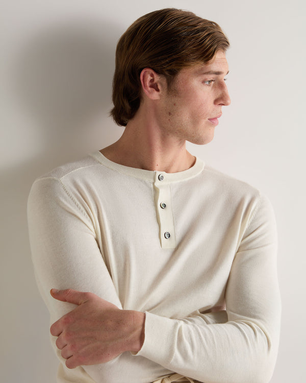 007 Round Neck Cotton Cashmere Henley New Ivory White