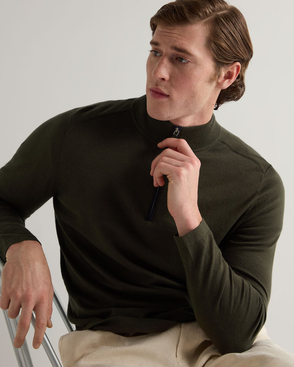 N.Peal Men's Salcombe Half Zip Cotton Cashmere Jumper Arabica Khaki Green