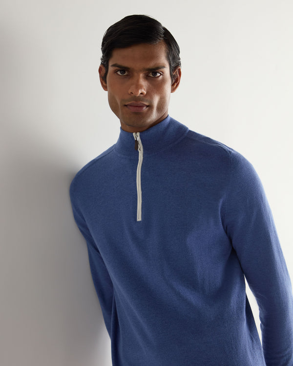 N.Peal Men's Salcombe Half Zip Cotton Cashmere Jumper Denim Blue