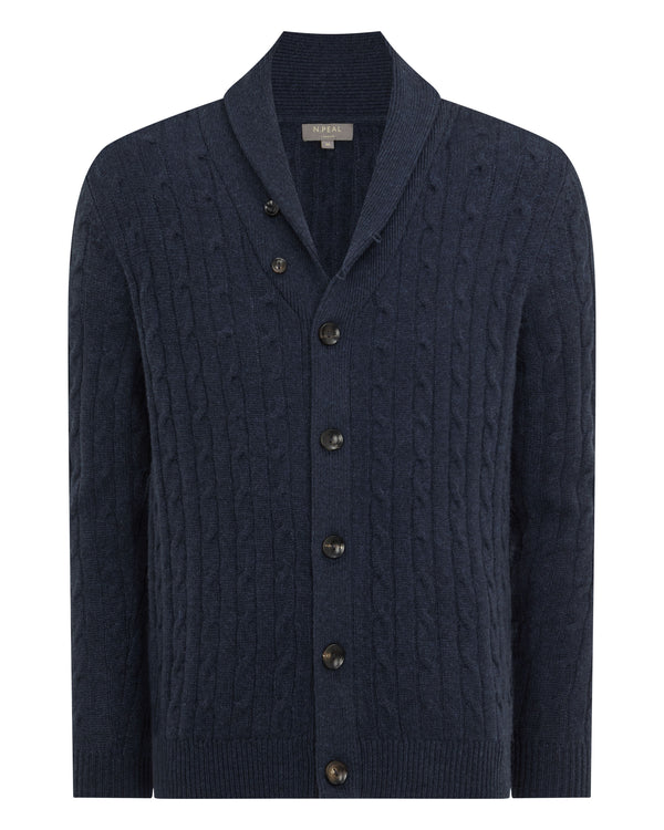 N.Peal Men's Garrick Shawl Cable Cashmere Cardigan Indigo Blue