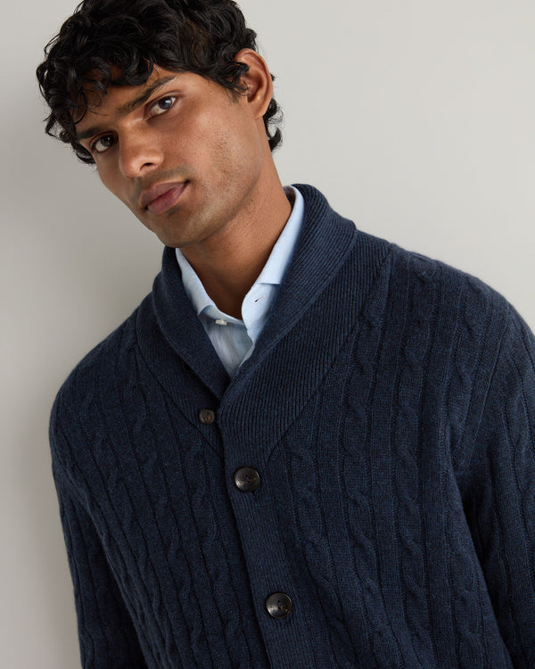 N.Peal Men's Garrick Shawl Cable Cashmere Cardigan Indigo Blue