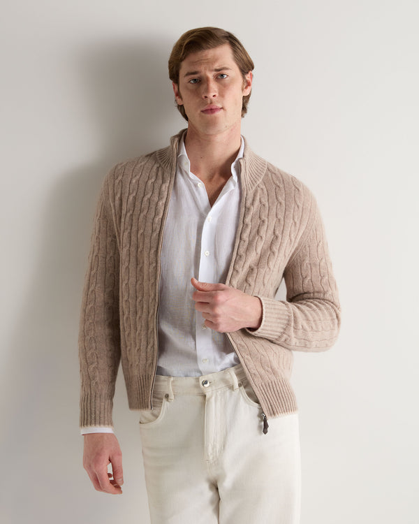 N.Peal Men's Contrast Cable Full Zip Cashmere Jumper Oatmeal Brown