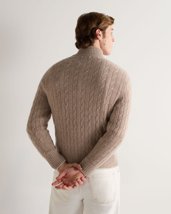 N.Peal Men's Contrast Cable Full Zip Cashmere Jumper Oatmeal Brown