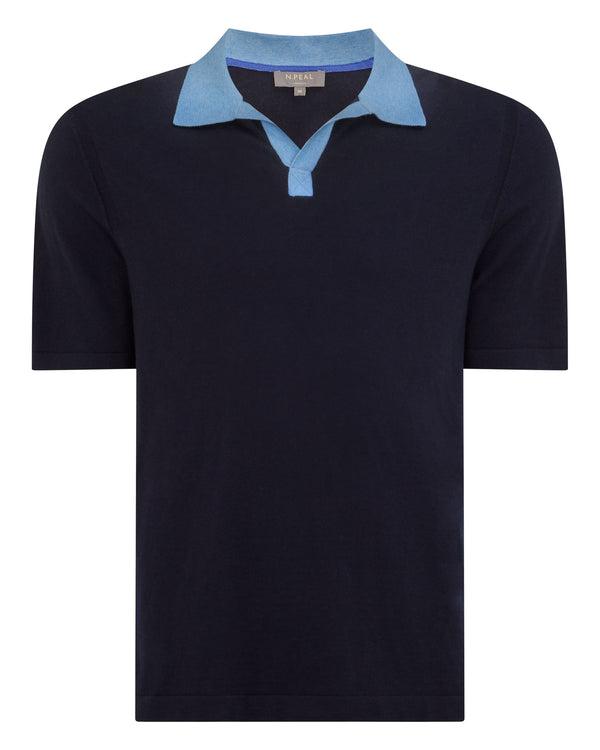 N.Peal Men's Polo Cotton Cashmere T-Shirt Navy Blue