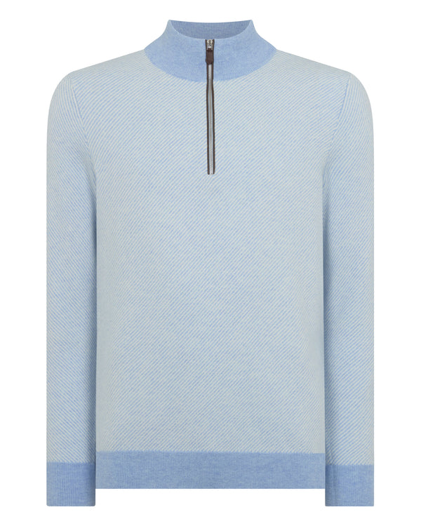 N.Peal Men's Temple Jacquard Half Zip Cashmere Jumper Cornflower Blue