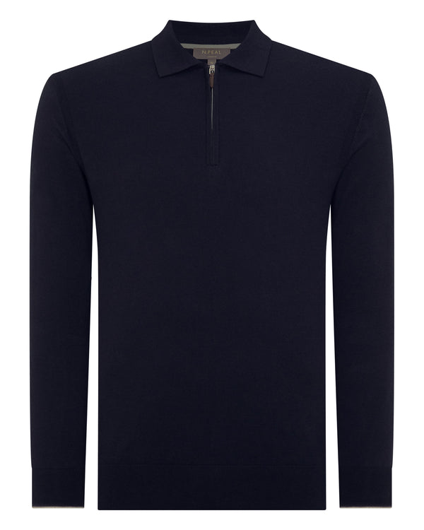 N.Peal Men's Long Sleeve Half Zip Cotton Cashmere Jumper Navy Blue