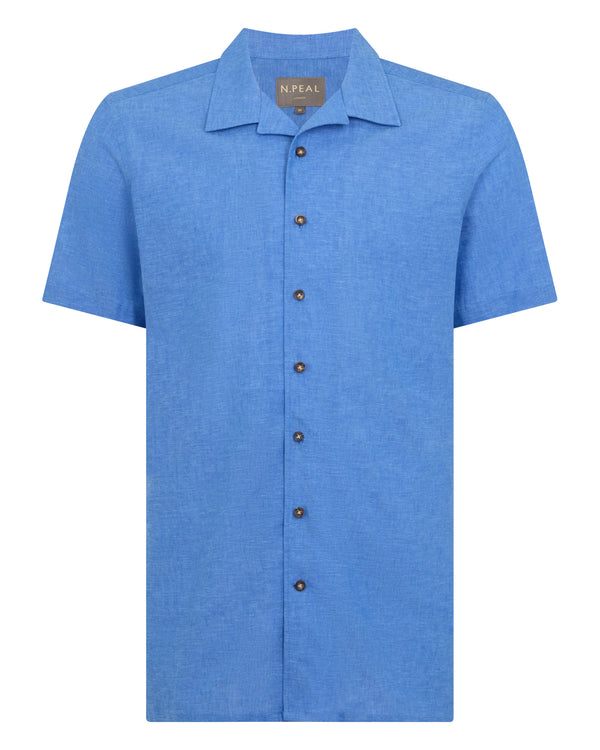 N.Peal Men's Cuban Linen Blend Collar Shirt Blue