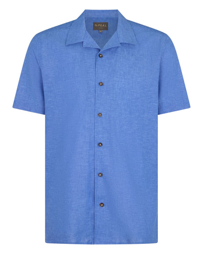 N.Peal Men's Cuban Linen Blend Collar Shirt Blue