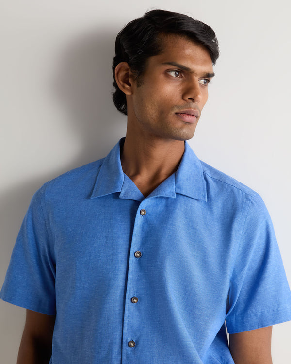 N.Peal Men's Cuban Linen Blend Collar Shirt Blue