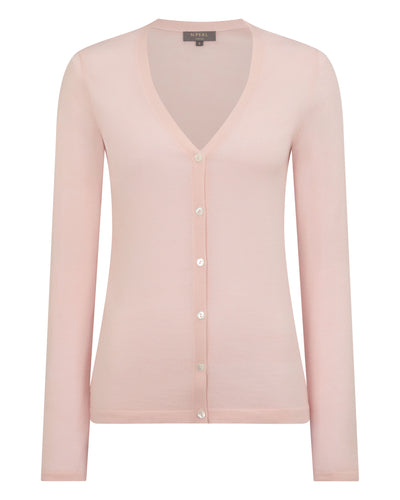 N.Peal Women's Mia Superfine Cashmere V Neck Cardigan Blush Pink