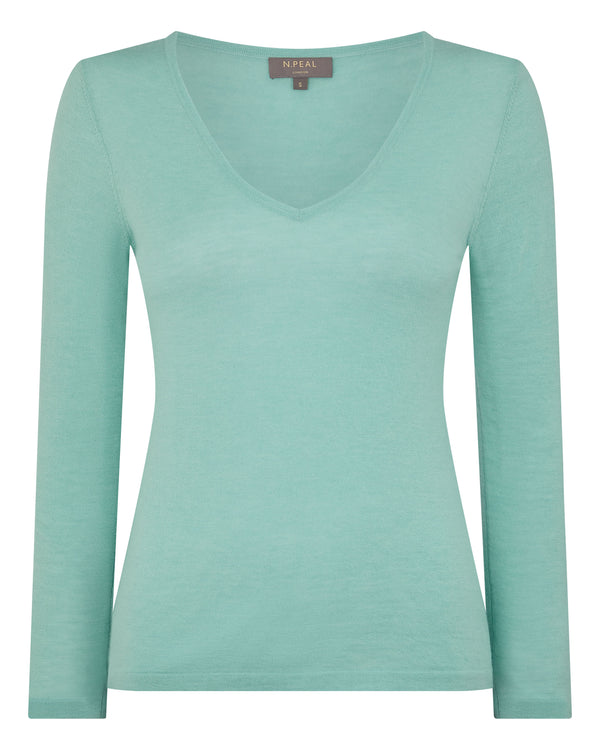 N.Peal Women's Imogen Superfine Cashmere V Neck Jumper Mint Green