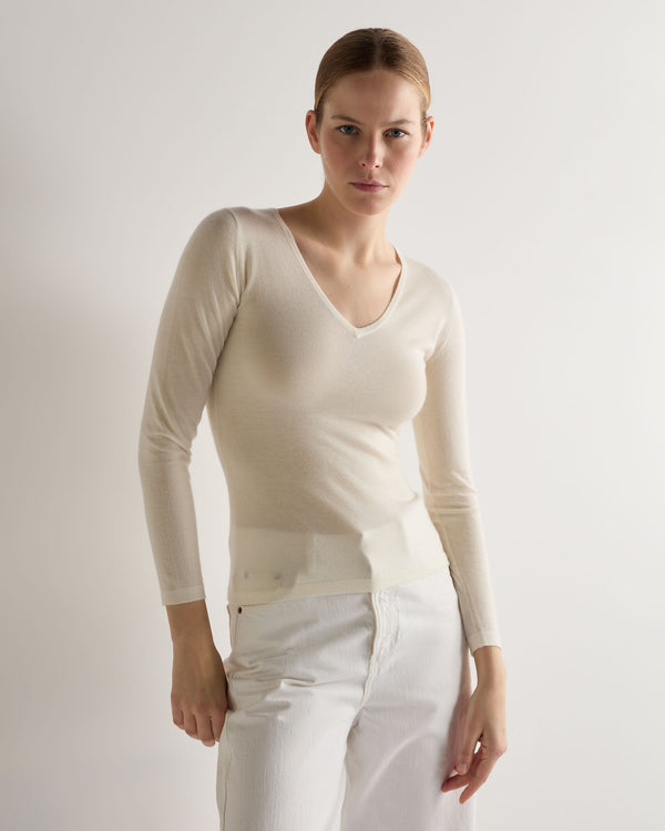 N.Peal Women's Imogen Superfine Cashmere V Neck Jumper New Ivory White