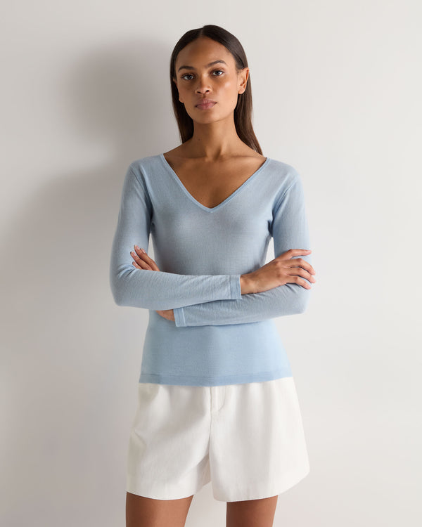 N.Peal Women's Imogen Superfine Cashmere V Neck Jumper Pale Blue