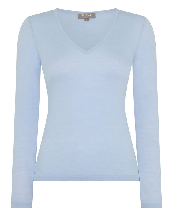 N.Peal Women's Imogen Superfine Cashmere V Neck Jumper Pale Blue