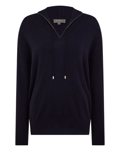 N.Peal Women's Maya Metal Trim Cashmere Hoodie Navy Blue