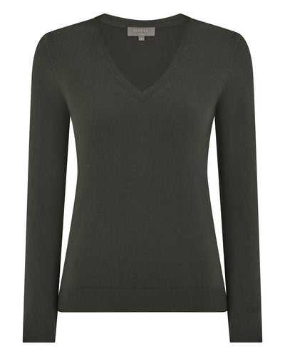 N.Peal Women's Phoebe V Neck Cashmere Jumper Arabica Khaki Green