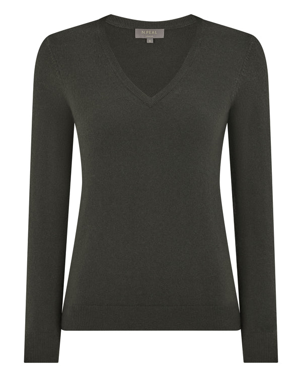 N.Peal Women's Phoebe V Neck Cashmere Jumper Arabica Khaki Green