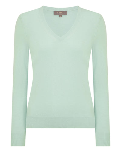 N.Peal Women's Phoebe V Neck Cashmere Jumper Dusty Teal Green