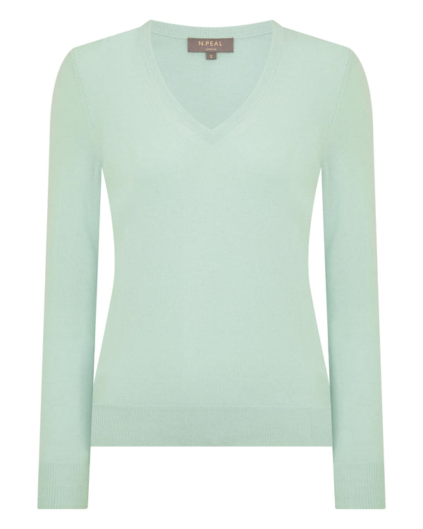 N.Peal Women's Phoebe V Neck Cashmere Jumper Dusty Teal Green