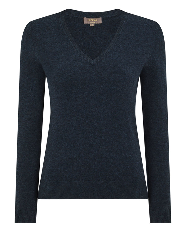 N.Peal Women's Phoebe V Neck Cashmere Jumper Indigo Blue