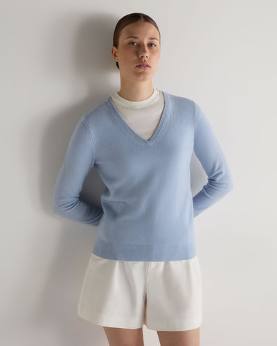 N.Peal Women's Phoebe V Neck Cashmere Jumper Sea Mist Blue