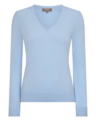 N.Peal Women's Phoebe V Neck Cashmere Jumper Sea Mist Blue