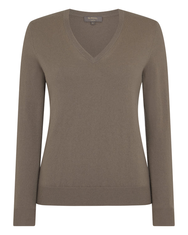 N.Peal Women's Phoebe V Neck Cashmere Jumper Vintage Khaki Green