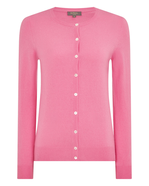 N.Peal Women's Olivia Round Neck Cashmere Cardigan Camellia Pink