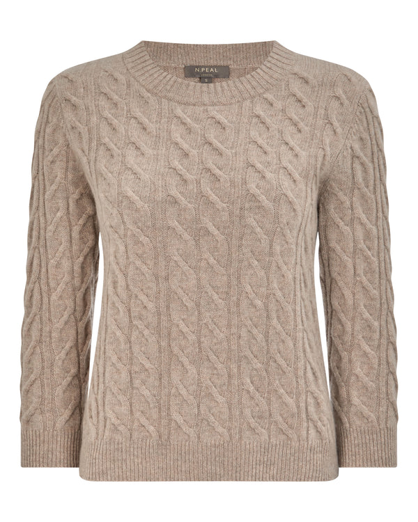 N.Peal Women's Emilia Cable Round Neck Cashmere Jumper Oatmeal Brown