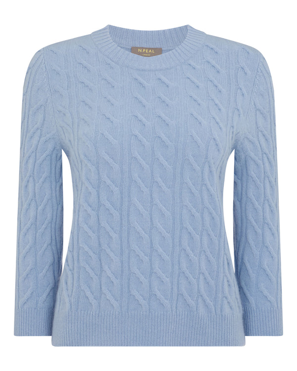 N.Peal Women's Emilia Cable Round Neck Cashmere Jumper Sea Mist Blue