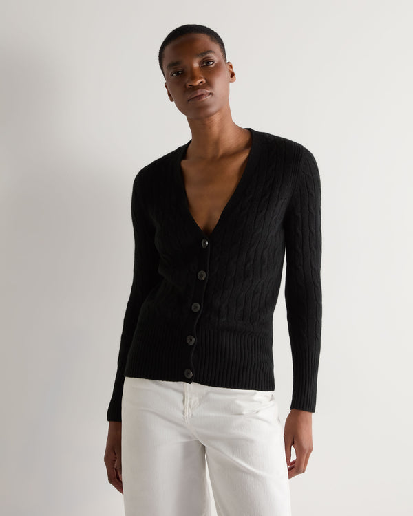 N.Peal Women's Clara Cable V Neck Cashmere Cardigan Black