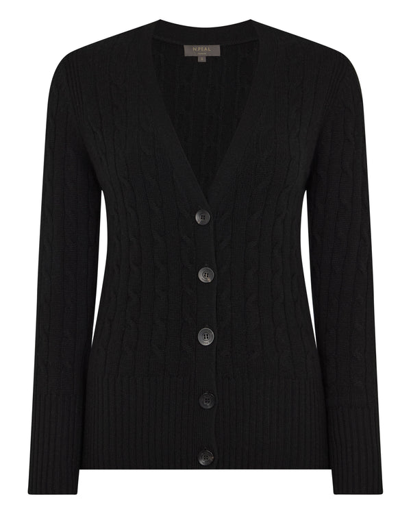 N.Peal Women's Clara Cable V Neck Cashmere Cardigan Black