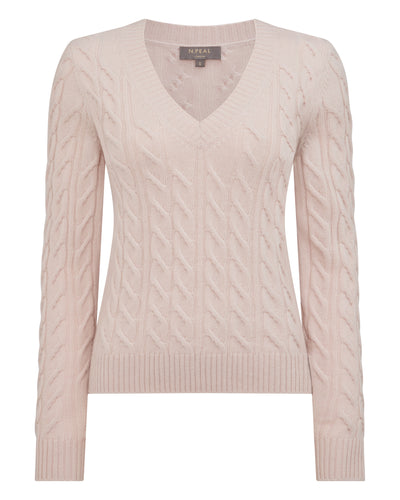 N.Peal Women's Frankie Cable V Neck Cashmere Jumper Dusk Pink