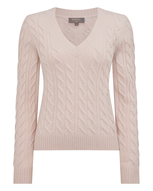 N.Peal Women's Frankie Cable V Neck Cashmere Jumper Dusk Pink